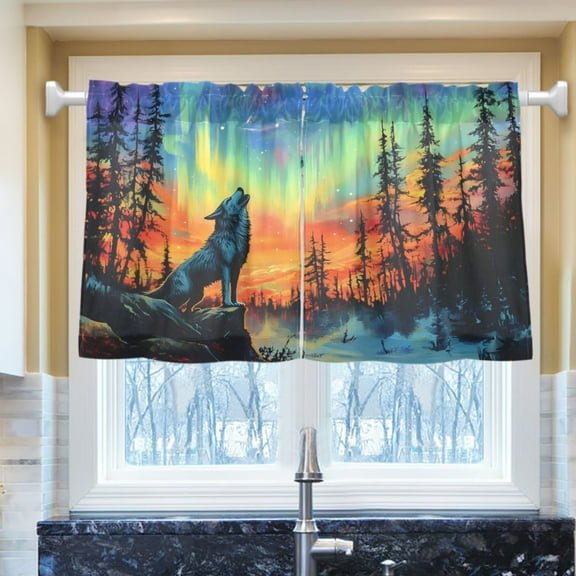 Ryvnso Wolf in Sunset Forest Half Curtains Sets Tier 2 Panels Short Curtain Rod Pocket 27"W x 24"L
