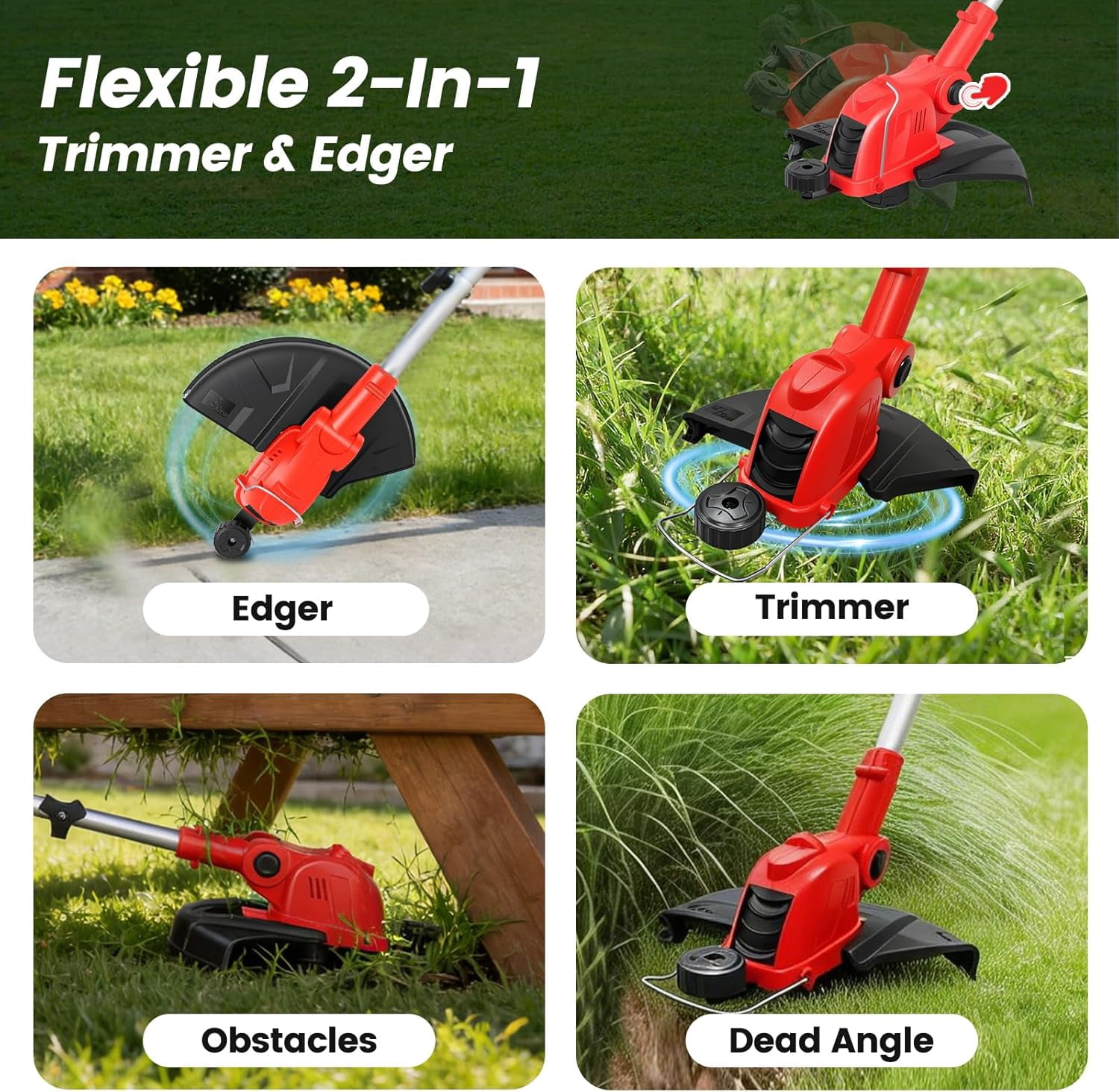 Cordless String Trimmer & Edger, 21V Weed Wacker with 2x4.0Ah Batteries & Fast Charger, 12" Automatic Feed Grass Trimmer, 2-in-1 Electric Weed Eater for Garden Edge Lawn Tool-Red