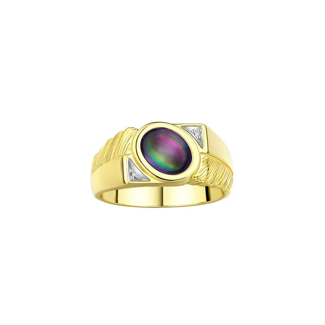 RYLOS Men's Rings 14K Yellow Gold Cabochone Gemstone & Diamond Designer Alexandrite Rings For Men Size 9