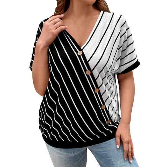 Summer Tops for Women Plus Size Solid Color Summer Plus Size V-Neck Fashionable Striped Button Short Sleeved T-Shirt Top Womens Blouses Black 5XL