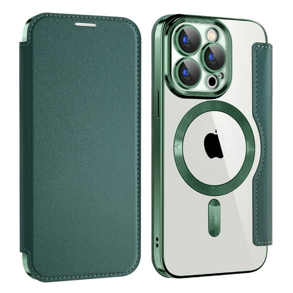 Flip Magnetic Case for Apple iPhone 16 Plus, Compatible with Magsafe Cards Holder Wallet Case RFID Blocking Clear Back Cover Anti-Scratch Folio Shockproof Bisiness Type Case for Women, Darkgreen