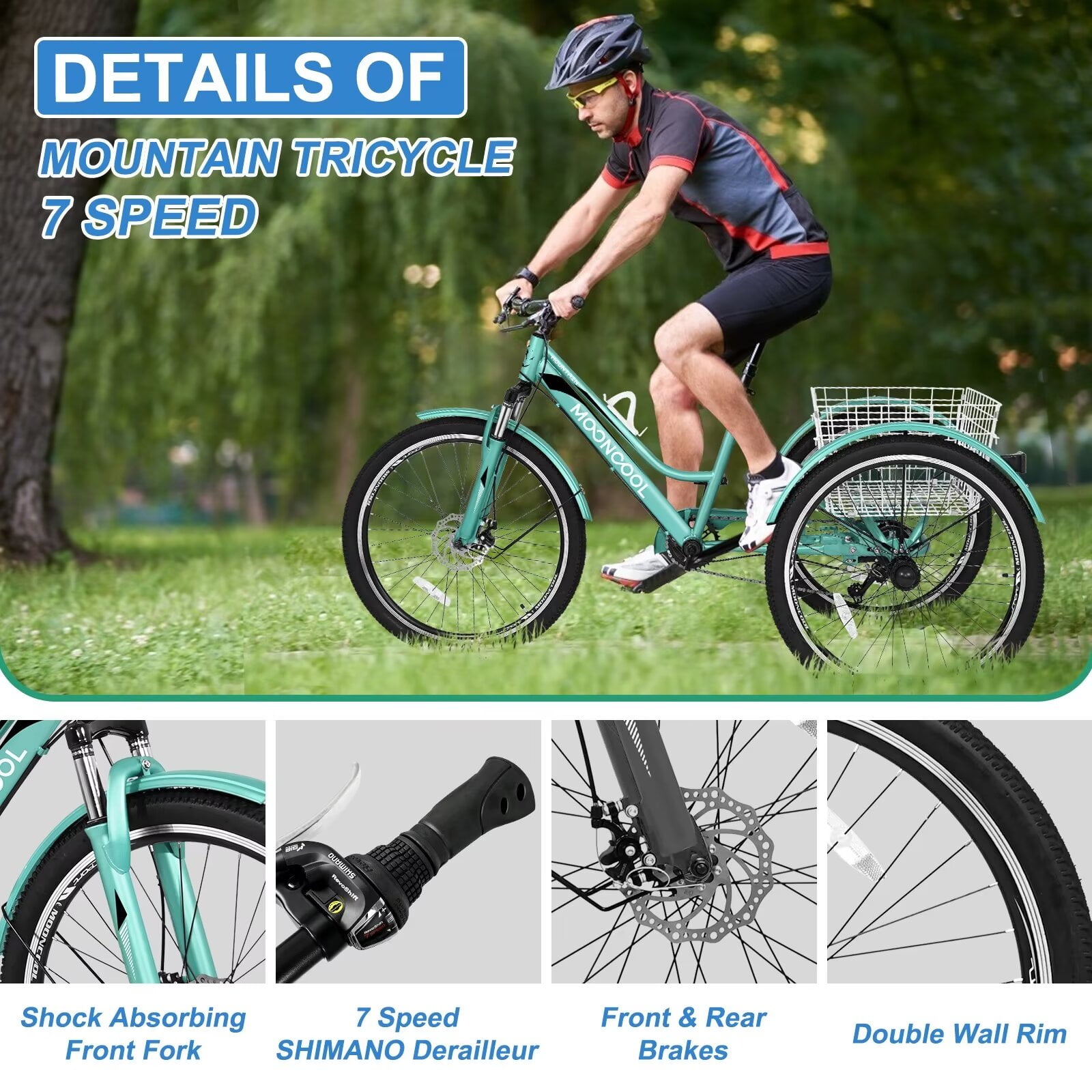 Lilypelle Mountain Tricycle for Adults, MTB 7 Speed Three Wheel Bike, 24/26/27.5 Inch Adults Trikes w/ Disc Brake & Cargo Basket for Women, Men, Seniors