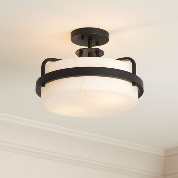 Possini Euro Design Bregman 13" Modern Semi Flush-Mount Ceiling Light Fixture Kitchen Foyer Drum Black Finish White Stone Glass