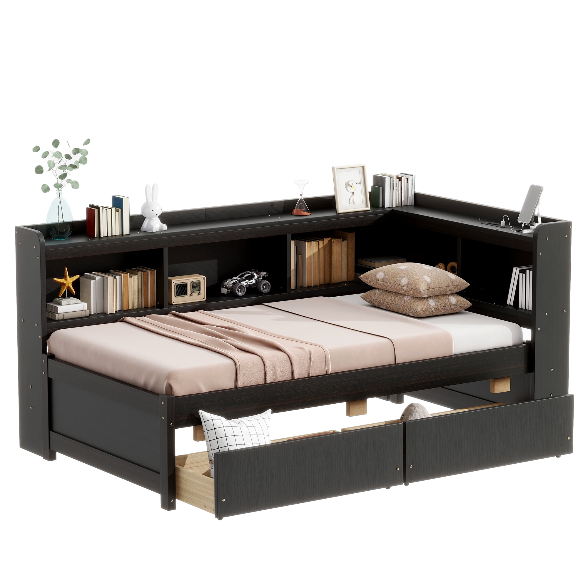 Leumius Twin Size L-shaped Bookcases Bed with Power Outlets, USB Charging Ports,Two Drawers,Espresso
