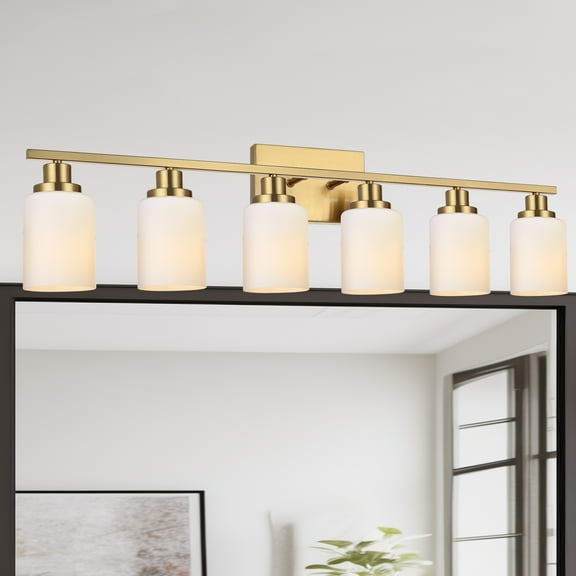 Melucee Modern Bathroom Light Fixtures, 6 Light Vanity Lights, Brass Wall Lamp with White Glass for Bathroom