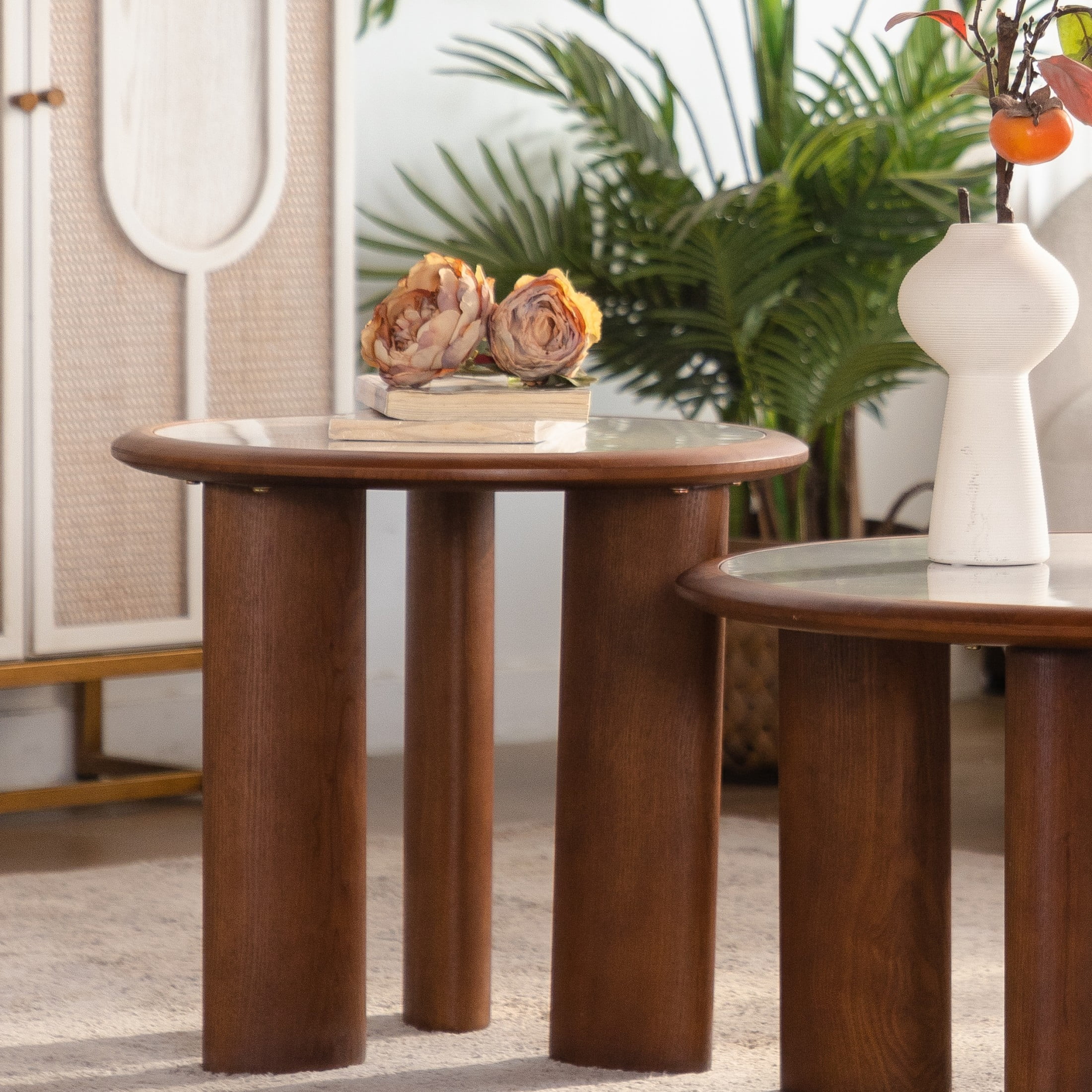 Noble House Ordis 19.49" Round Sintered Stone Coffee Table with Wood Veneer Frame & Cylindrical Legs, White & Walnut