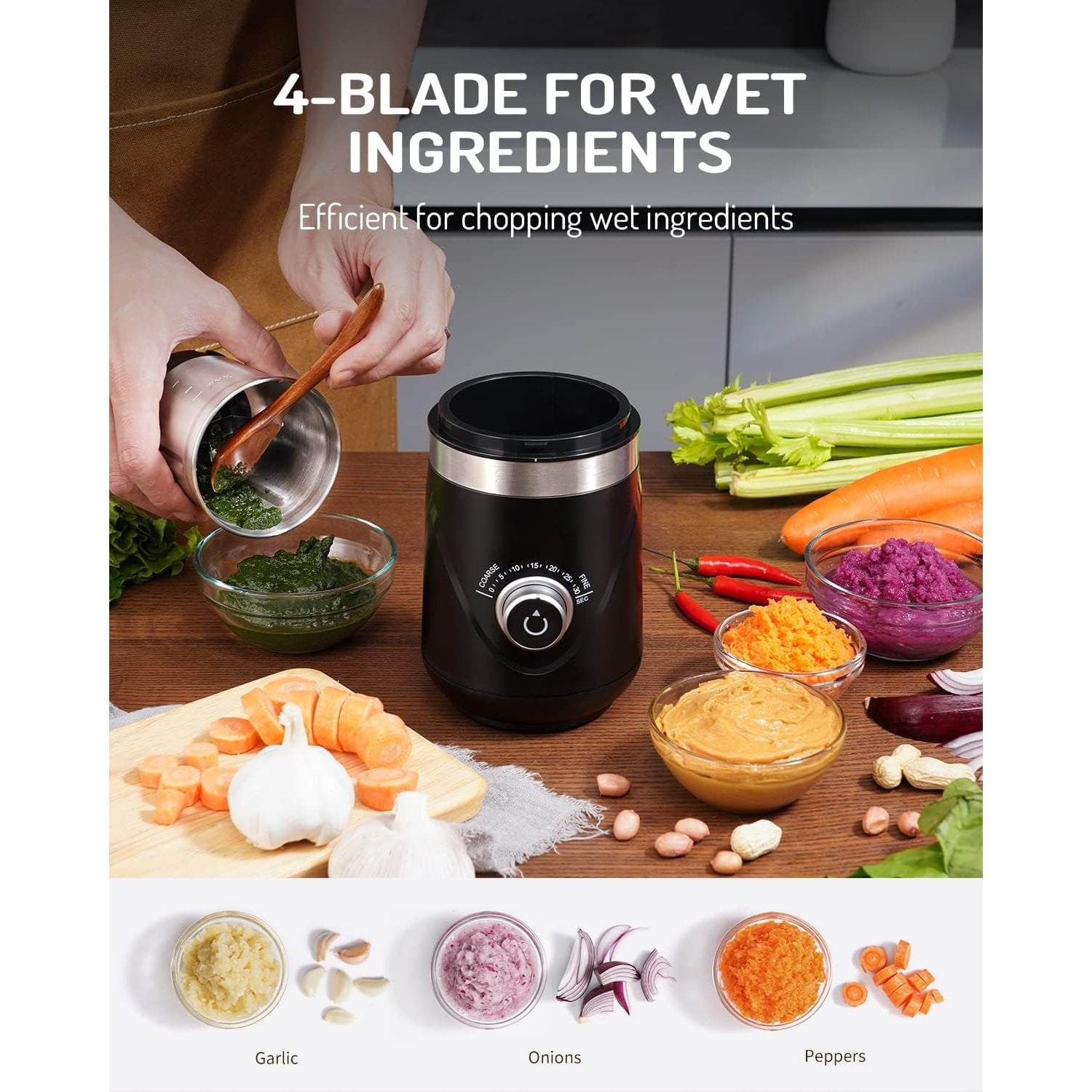 Electric Super Silent Blade Coffee Grinder, Timed Grind Control Rotary Knob, Adjustable Coarse to Fine for Coffee Beans, Spices & Herbs, with 2 Removable Stainless Steel Bowl, Black