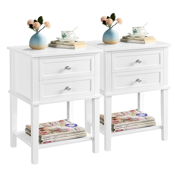 Pair of 2 Drawers Nightstand with Open Shelf White