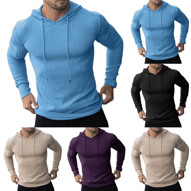 Txeol Men's Ribbed Knitted Hooded Pullover Solid Color Long Sleeve Hoodies Lightweight Muscle Athletic Sweatshirt,Blue,XL