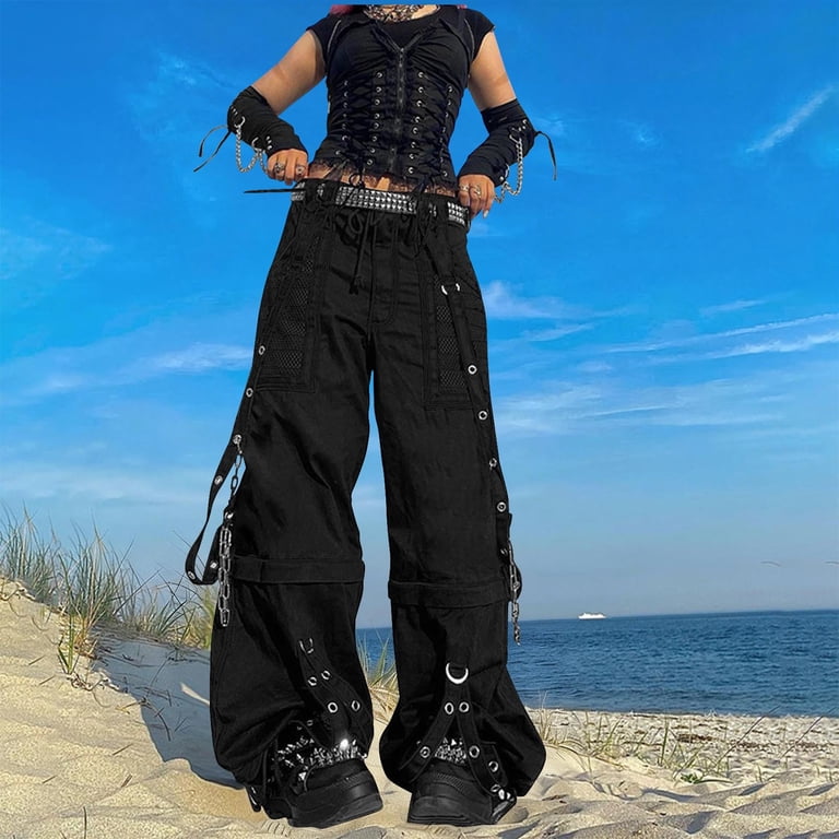 Daiosportswear Women Y2k Pants Goth Punk Baggy Bell Bottom Jeans
