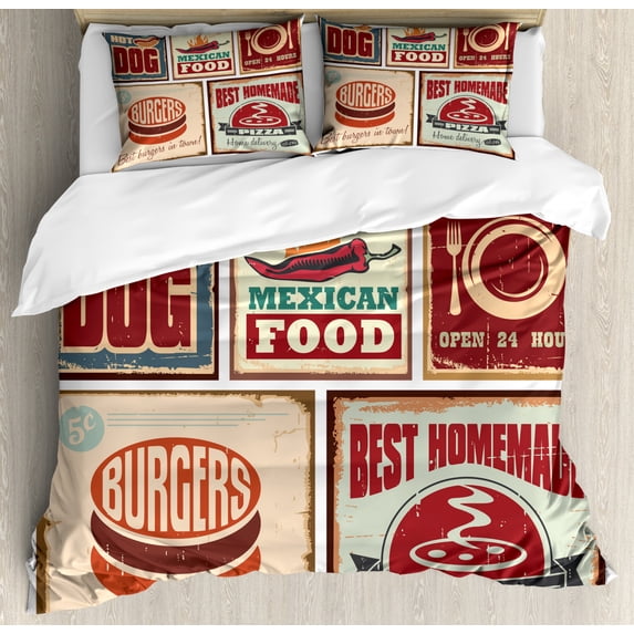 Retro Duvet Cover Set Queen Size, Nostalgic Tin Signs and Mexican Food Prints Aged Advertising Logo Style Artistic Design, Decorative 3 Piece Bedding Set with 2 Pillow Shams, Multi, by Ambesonne