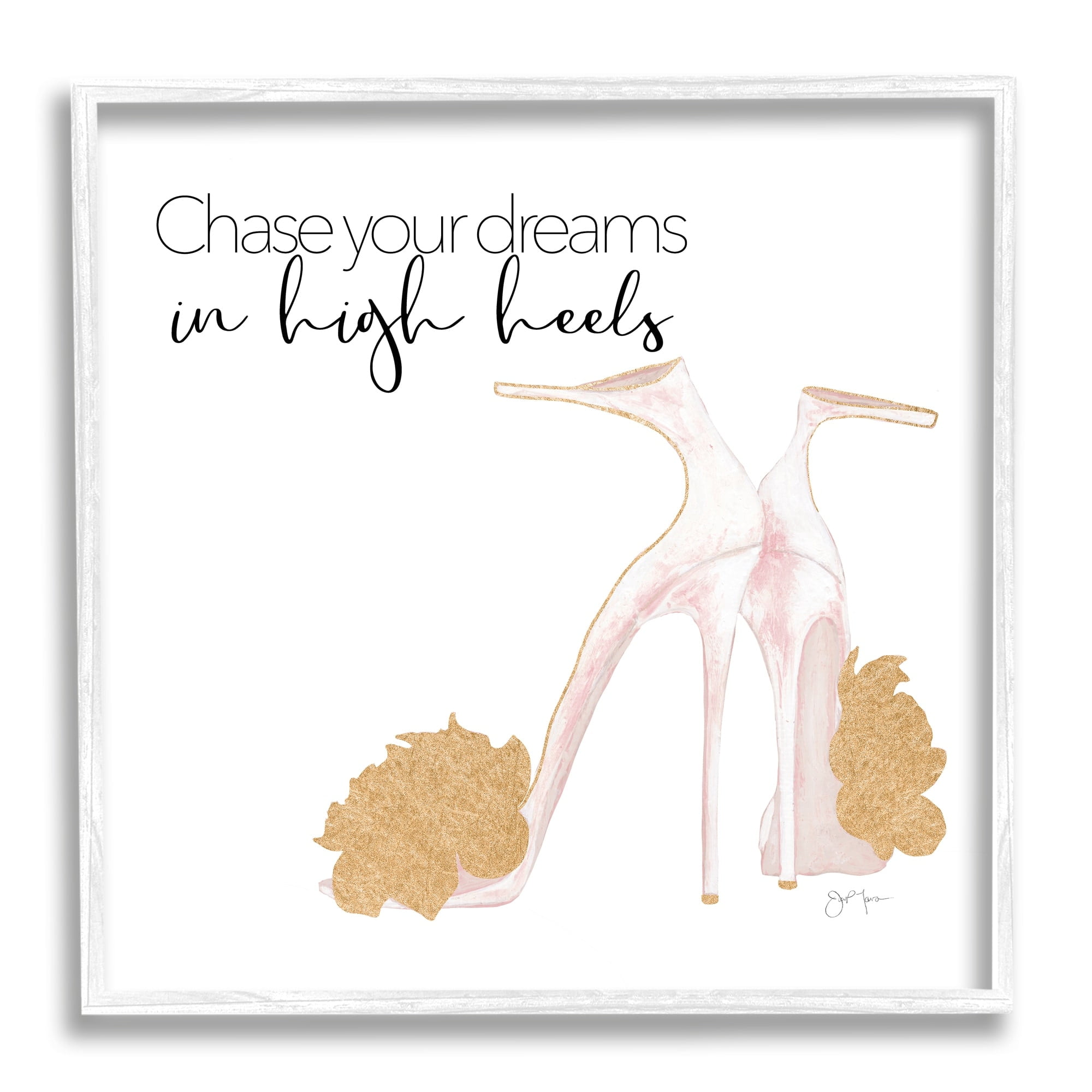 Stupell Industries Chase Your Dreams Inspirational Glam Fashion Heels Shoes Graphic Art White Framed Art Print Wall Art, Design by Tava Studios