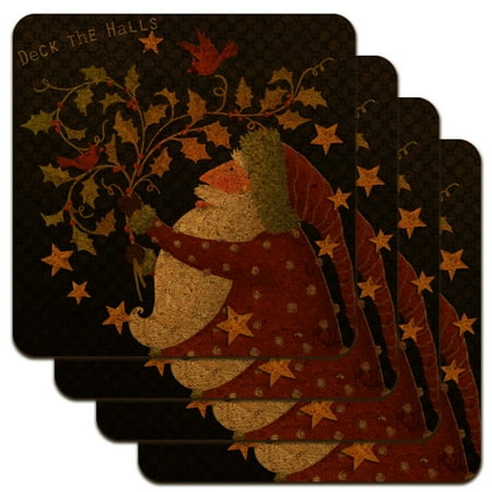 

Christmas Holiday Deck the Halls Santa Holly Low Profile Novelty Cork Coaster Set