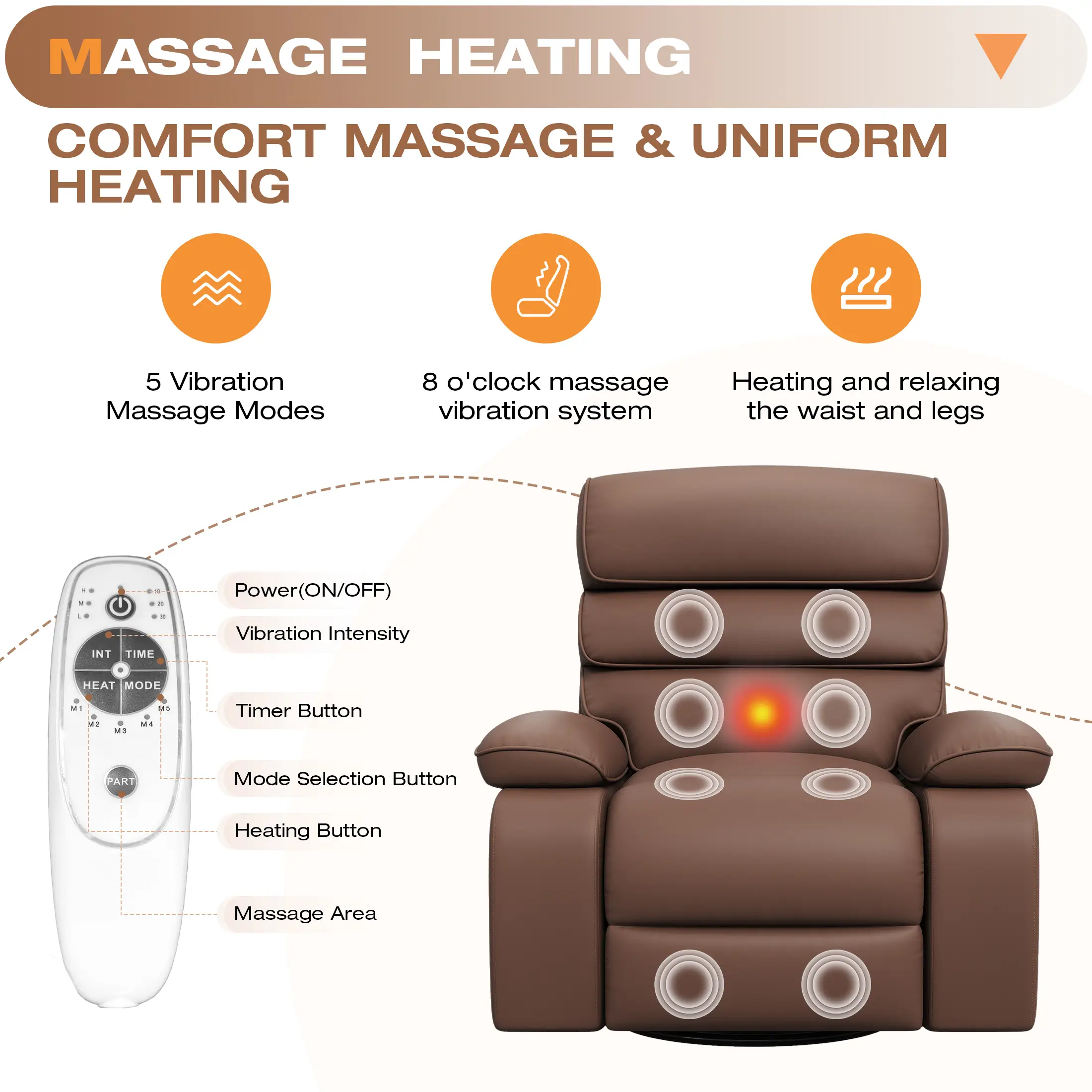 Techmilly Oversized Swivel Rocker  Recliner Chair with Heat and Massage, Adjustable Recline for Living Room,PU Leather (Brown 35" Seat Width)