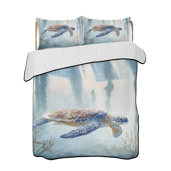Full Size Quilt Bedding Set, Ocean Turtle Reversible Summer Quilt 3 Pieces, Coastal Seagrass Vintage Blue Nautical Seaweed Lightweight Bedspreads Coverlets with 2 Pillow Shams for All Seasons