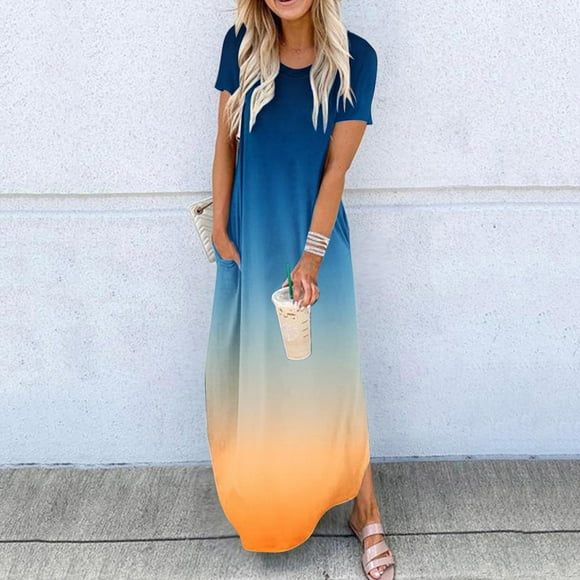 SuoKom Wedding Guest Dresses Women's Dresses Summer Dress Casual Rounk Neck Short Sleeve With Pocketss Floral Print Long Dress Womens Maxi Dresses On Clearance