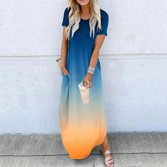 Summer Dresses Rounk Neck Short Sleeve Pockets Printing Long Dress Navy XL