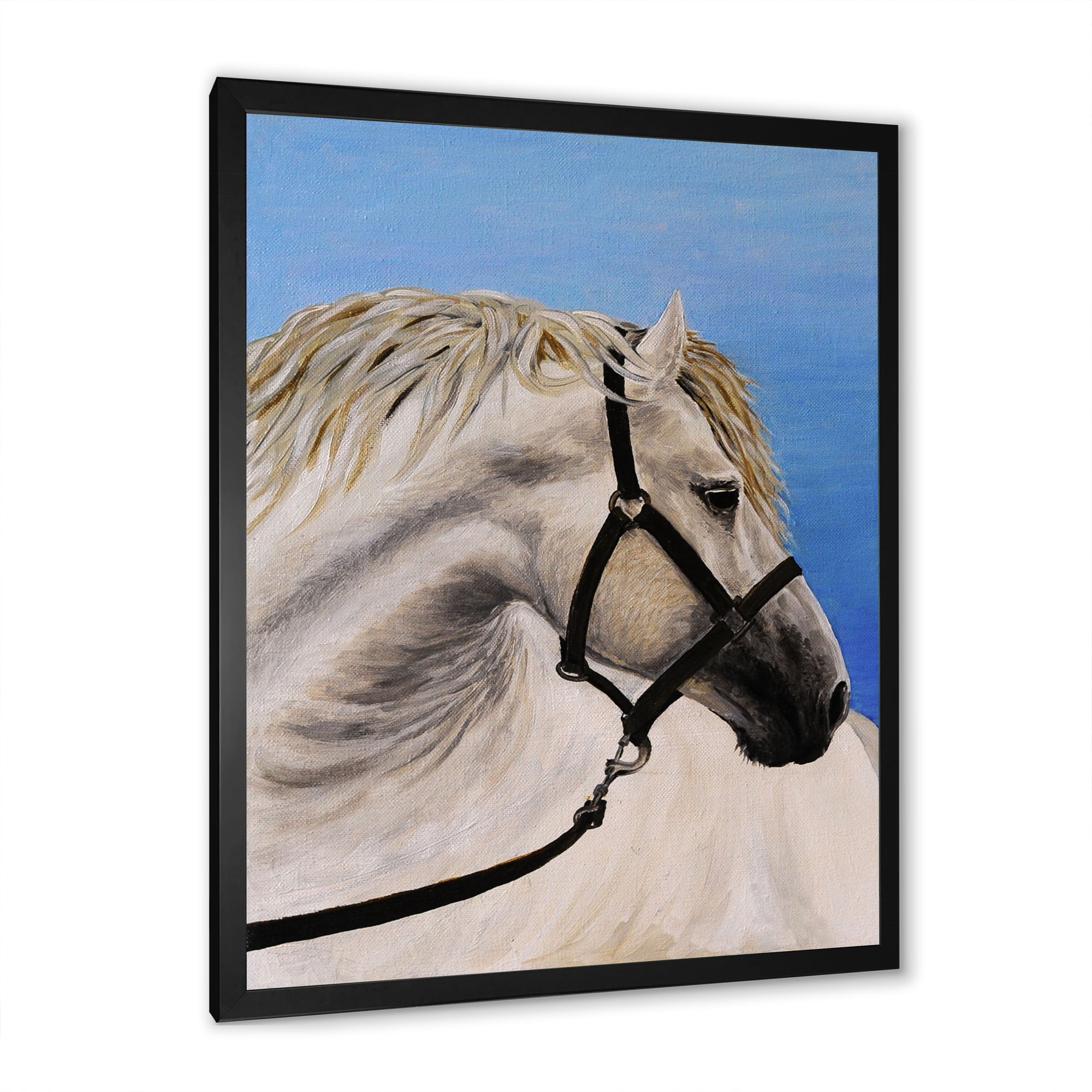 Designart 'Close Up Of White Horse In The Furrow' Farmhouse Framed Art Print
