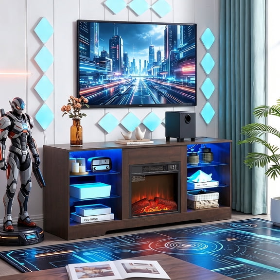 Eyisean 58" LED Electric Fireplace TV Stand with 18" Fireplace Inserts, Wooden Entertainment Center 7 Colors Light for TVs Up to 65", TV Media Console Table with Open Cabinet for Living Room