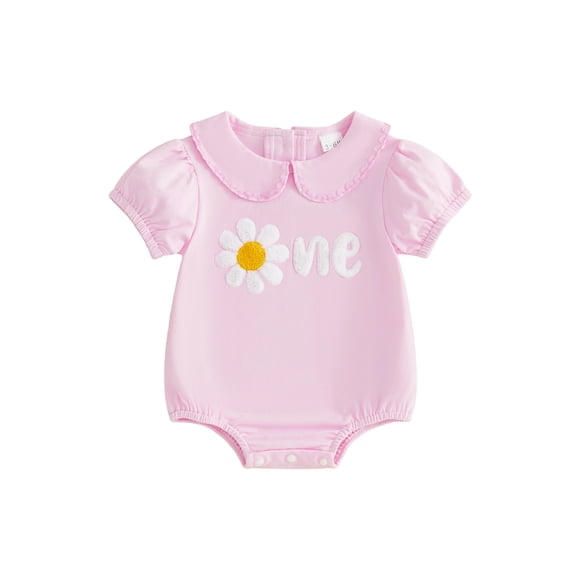 BemeyourBBs Baby Girls First Birthday Outfit 1st Birthday Clothes One Years Old Pink Bubble Romper Floral Letter Embroidery Short Sleeve Doll Collar Bubble Bodysuit Playsuit