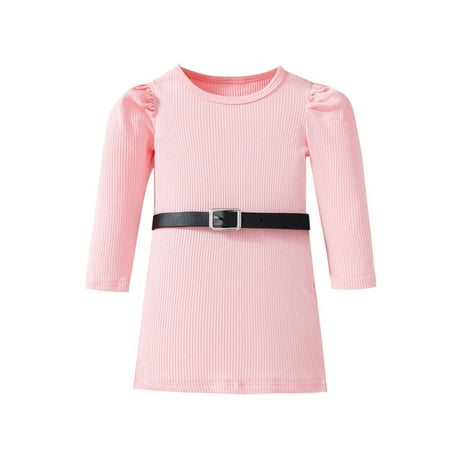 

CLZOUD Girls Cute Dresses Red Cotton Baby Girls Cotton Ribbed Solid Autumn Long Sleeve Princess Dress Belt Clothes 9M