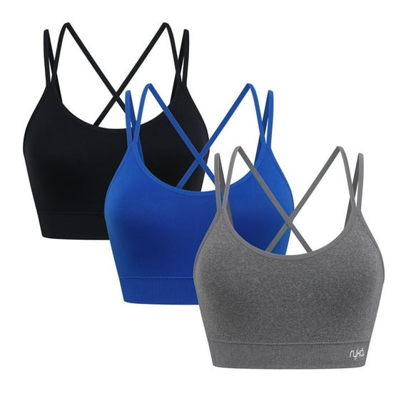Ryka Hannah Seamless Strappy Openback Sports Bra, 3 Pack, Lapis Blue/Asphalt HTR/Black, Medium