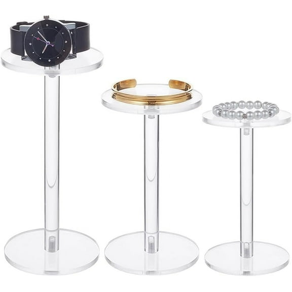 1set 3 Pcs Clear Acrylic Round Barbell Pedestal Display 3 Sizes T-Shape Pedestal Riser Stands for Watch Figures Cupcake Display