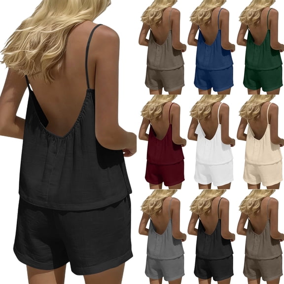 CHUMUD Summer 2 Piece Outfits Sets for Women Sleveless Backless Cami Tops & Bermuda Shorts Casual Loose Beach Vacation