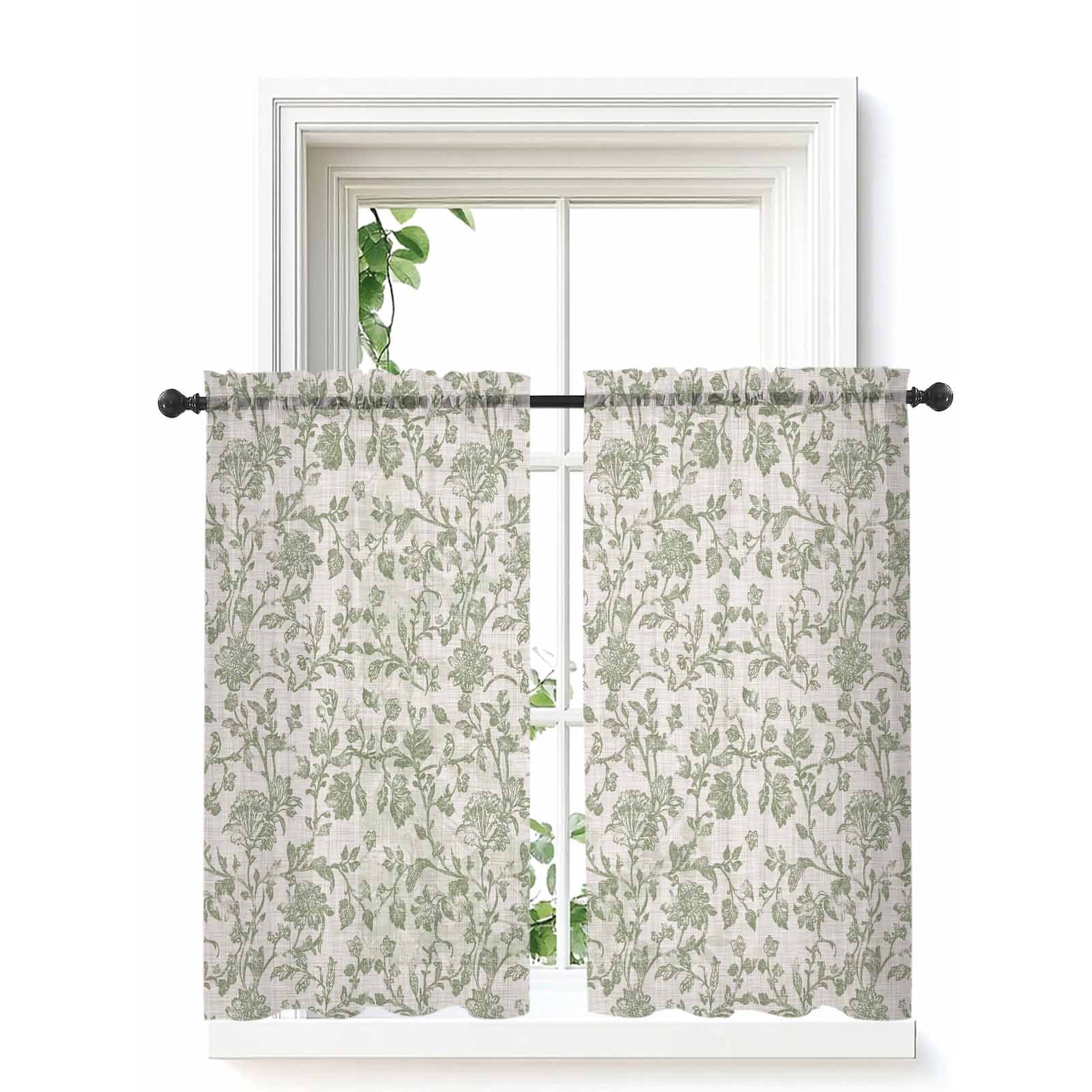 Farmhouse Sage Green Curtains 45 Inch Length, Sheer Curtains for Bedroom Living Room Window Vintage Flower Leaf Botanical Rod Pocket Voile Drapes Kitchen Curtains Small Half Window 42"x45" 2 Panels