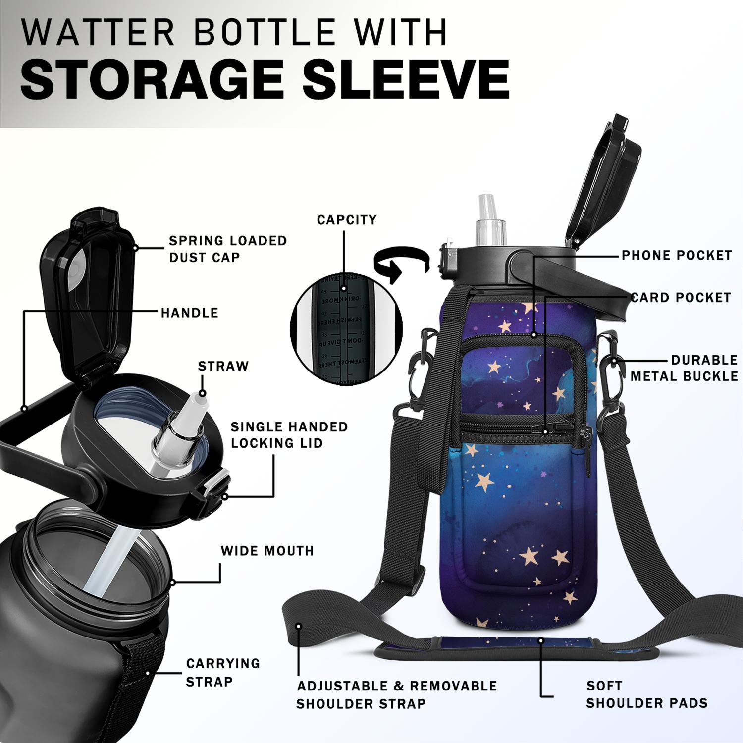 Starry Sky 64 Oz Water Bottle with Sleeve - BPA Free Leakproof Sport Large Plastic Water Bottle with Straw & Time Marker & Insulated Neoprene Holder Carrier Bag Great Gift for Women Men