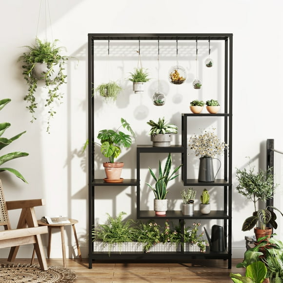 Support pour Plantes – 5 Niveaux Haut 70,9 Pouces – Étagère en Métal pour Pots de Fleurs – 6 Crochets Suspendus – Présentoir Polyvalent – Balcon, Salon et Jardin – Noir/brun