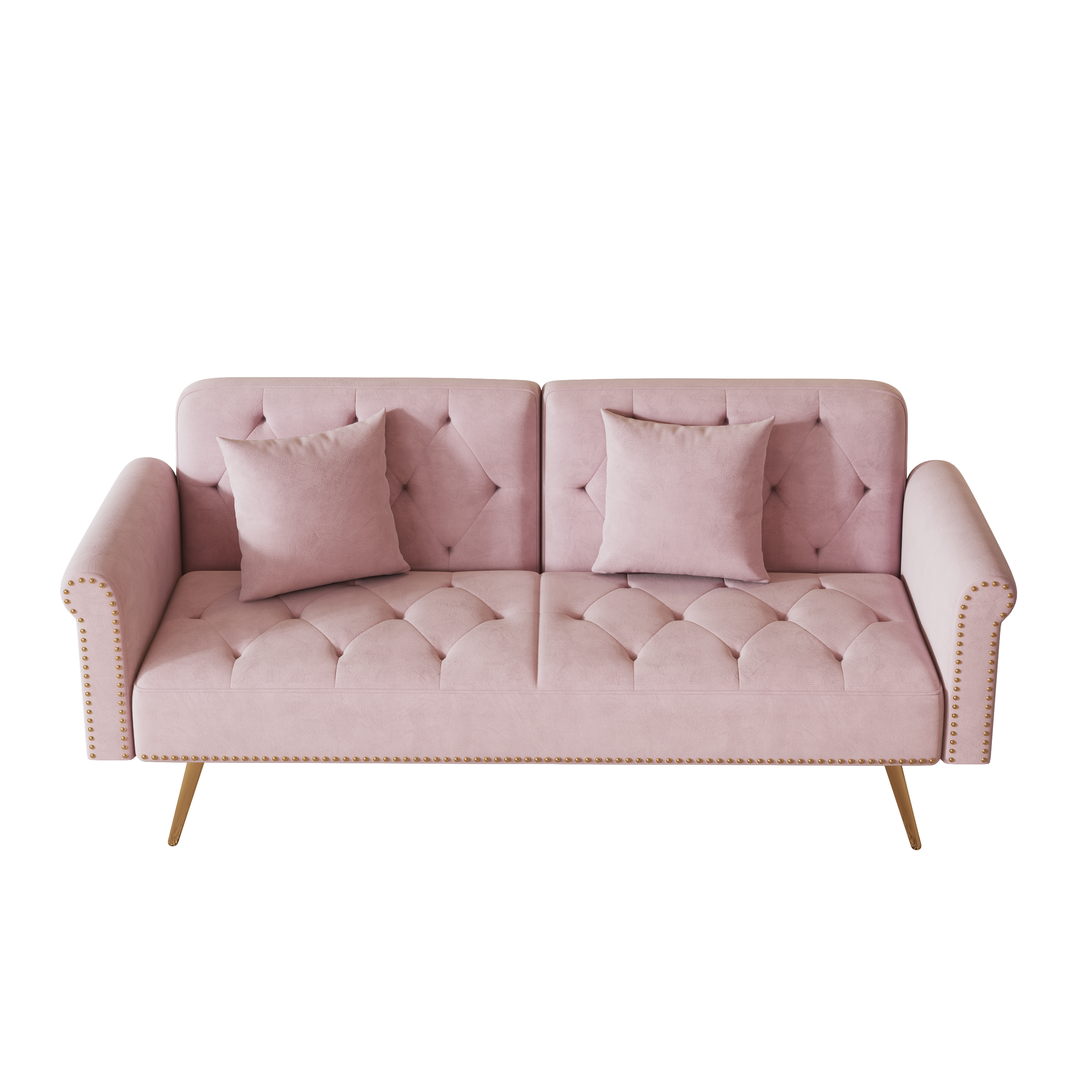 69.7" Ultra-Soft Pink Velvet Convertible Sofa Bed, Nailhead Trim with Cozy Matching Throw Pillow