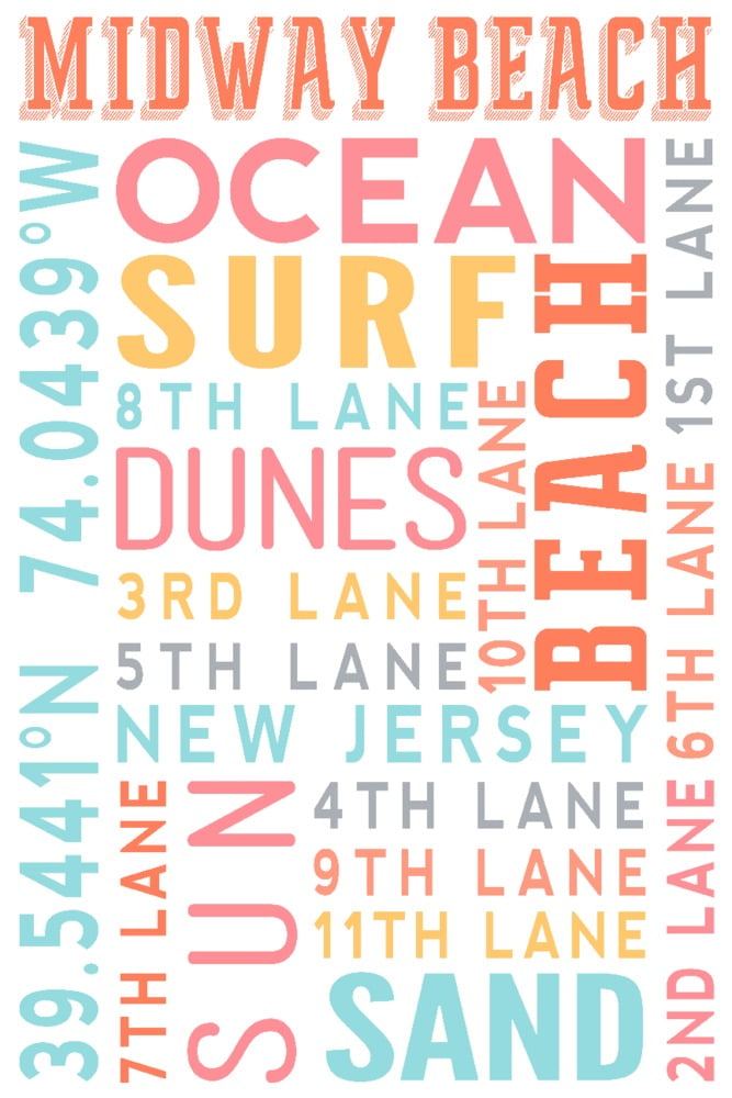 Midway Beach, New Jersey, Typography (9x12 Wall Art Print, Home Decor