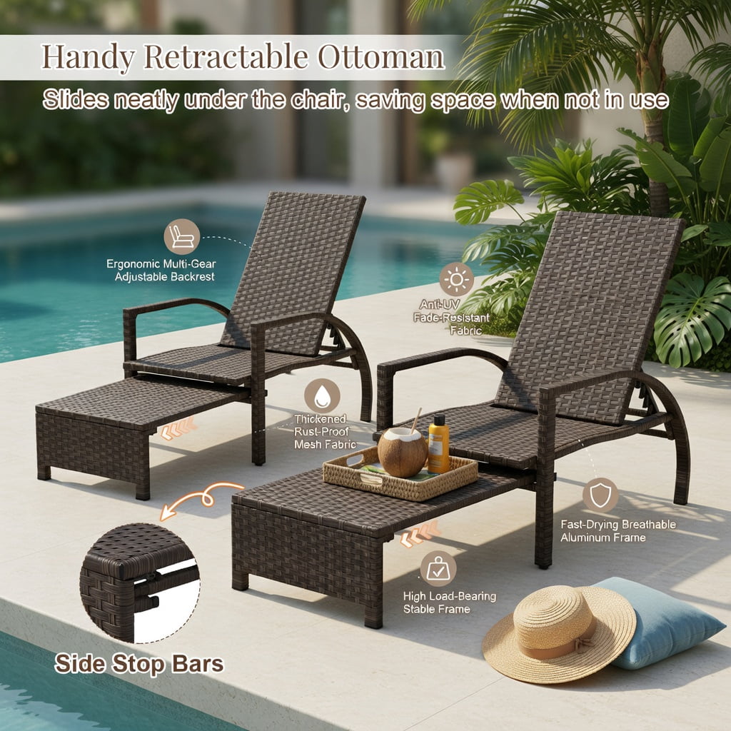 Hommoo Outdoor Wicker Chaise Lounge Chair with Retractable Ottoman, Adjustable 6-Position Backrest, PE Rattan & Steel Frame, Patio Lounger for Backyard, Poolside & Porch, Brown