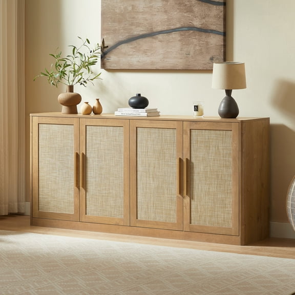 VEPXXP Boho Rustic 4-Door Rattan Buffet Cabinet 67'' - Caramel Oak Sideboard for Living Room