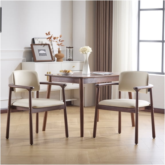 JERFIT 2-Pack Dining Chairs with PU Cushion, Rubber Wood Frame, Upholstered Side Chairs for Kitchen, Dining Room, Home Office, Beige and Dark Walnut