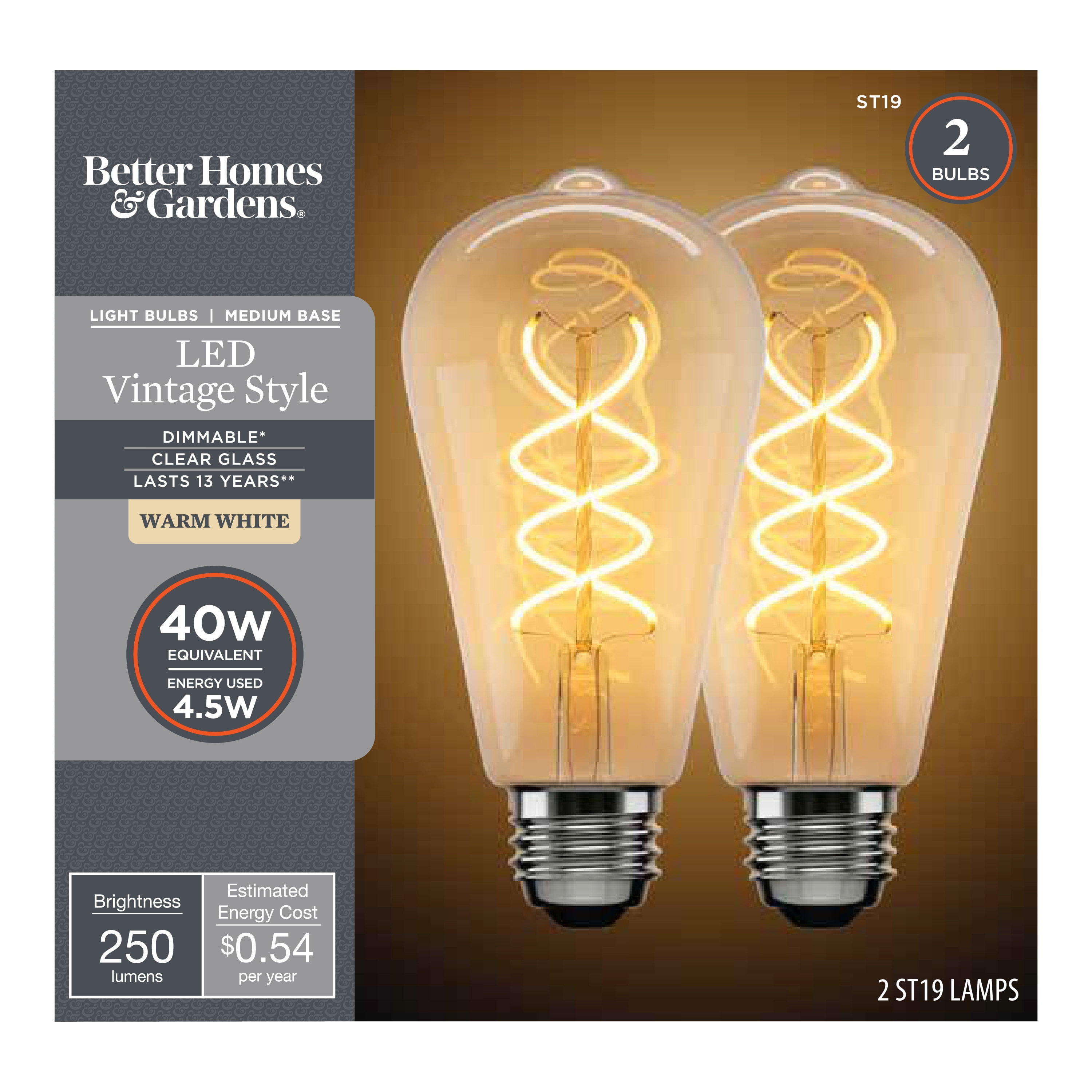(2 pack) Better Homes & Gardens LED Vintage Light Bulb, ST19 40W Eqv, Warm White Spiral Filament, E26, Dim - 2 Pk