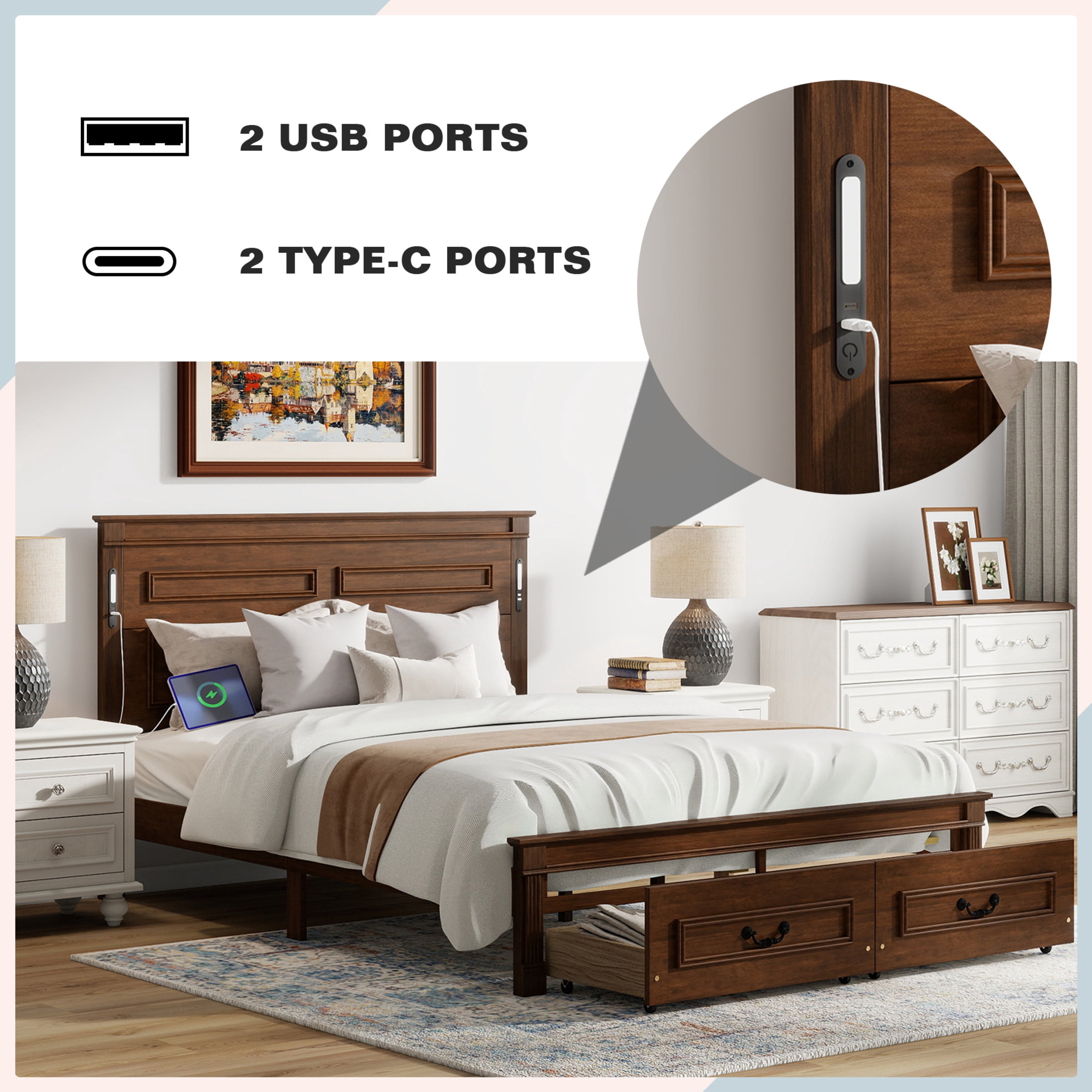 Noble House Corneille Queen Farmhouse Bed with LED Headboard, USB Charging Station, Storage Drawers, Pine Wood, Walnut