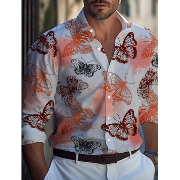Camisa casual de mariposa para hombre para salidas diarias, fines de semana, otoño e invierno, solapas, mangas largas, blanco, azul, morado