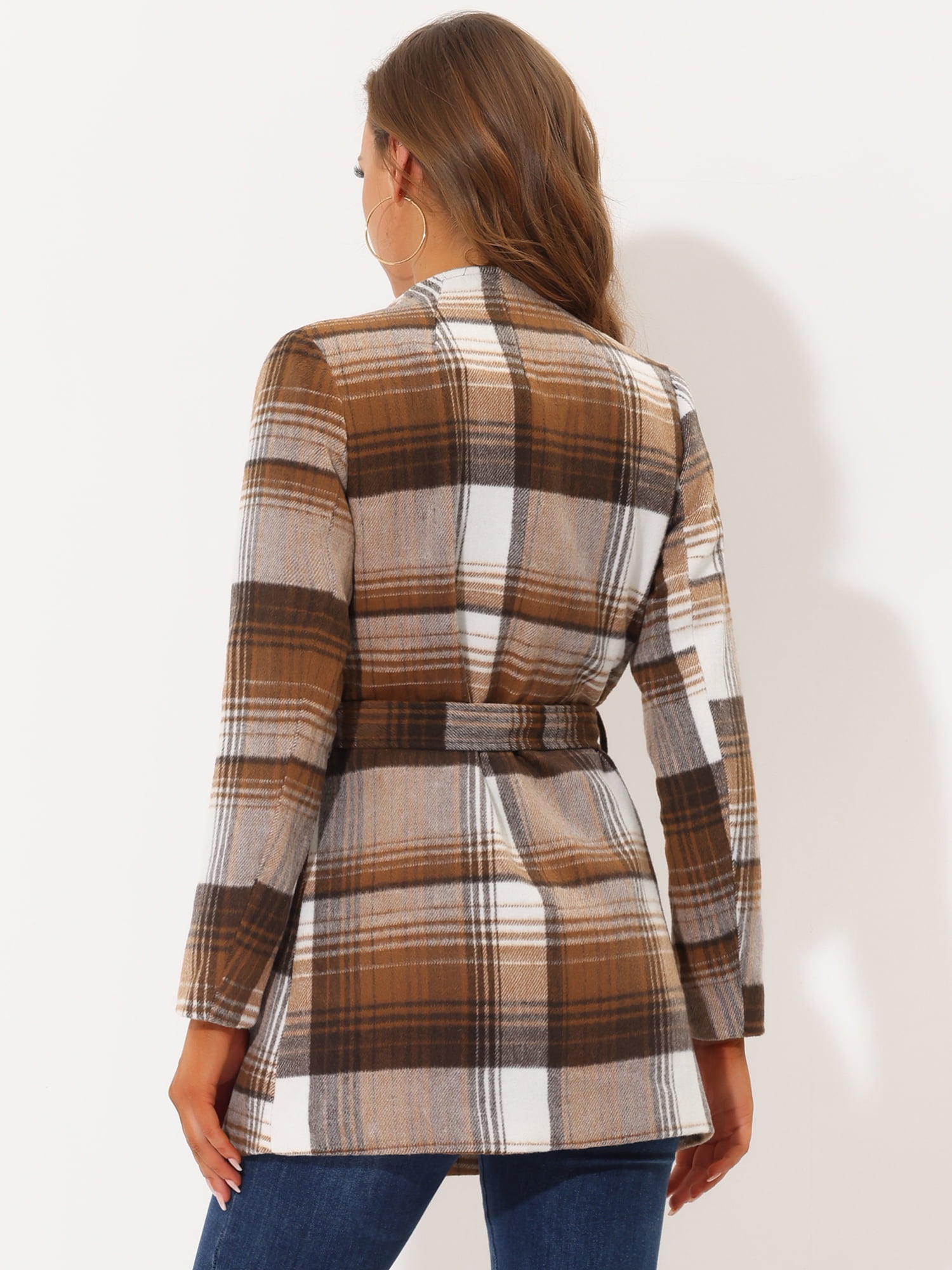 Unique Bargains Women's Shawl Collar Asymmetrical Hem Belted Plaid Coat L Brown