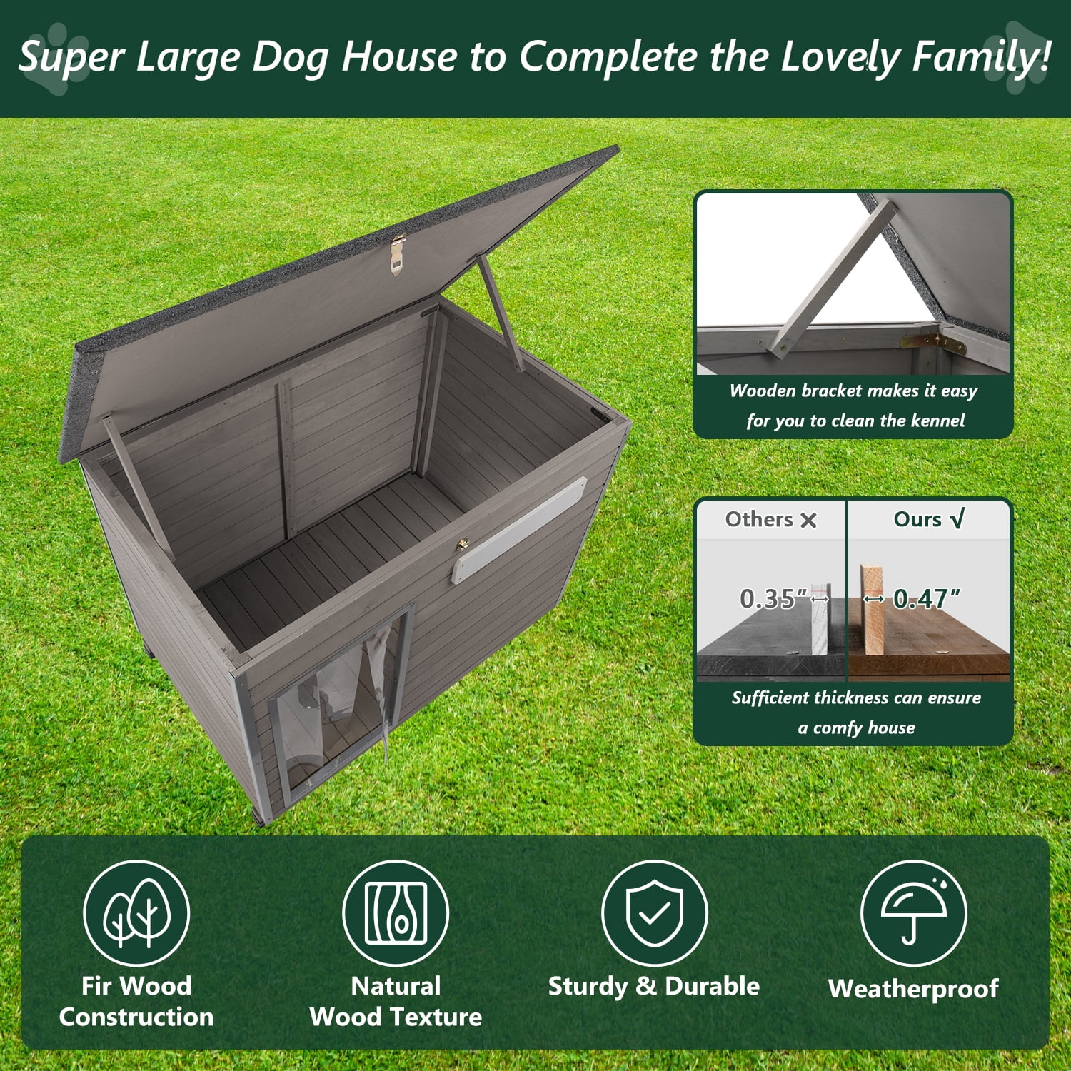 PETSCOSSET Outdoor Dog House - Waterproof Roof and Raised Feet - Gray