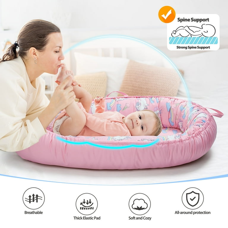 Baby Lounger For Newborns 0-24 Months - Portable Infant Nest With Breathable Cotton Cover For Tummy Time & Travel