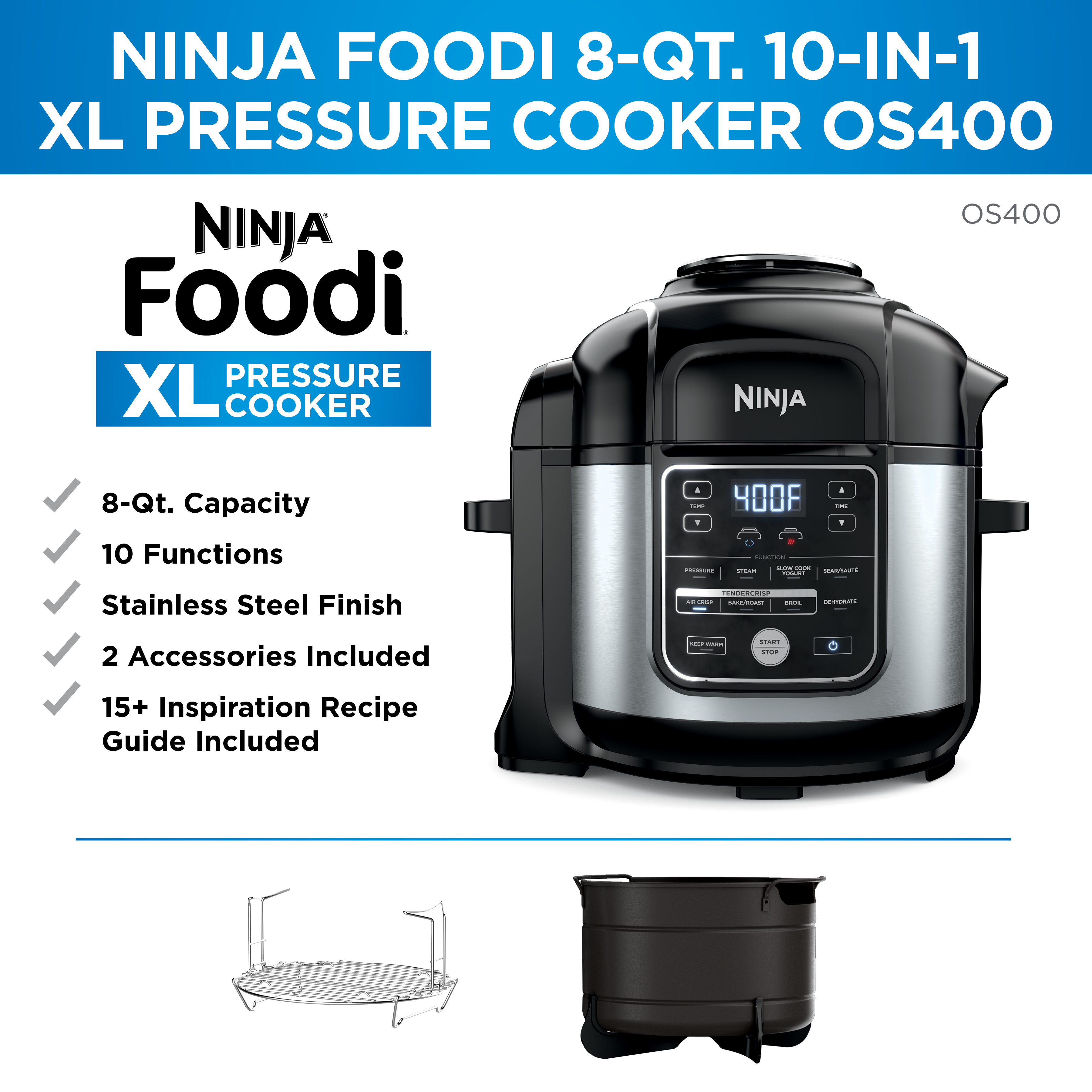 Ninja Foodi 10-in-1 8-Quart XL Pressure Cooker Air Fryer Multicooker, Stainless, OS400 - image 2 of 9