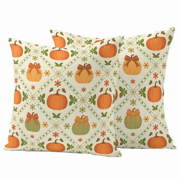 Fall Thanksgiving Outdoor Waterproof Pillow Covers, Orange Green Pumpkins Botanical Decorative Square Throw Pillowcase Sofa Cushion Sham for Patio/Couch/Chair, 16"x16" 2 Pack