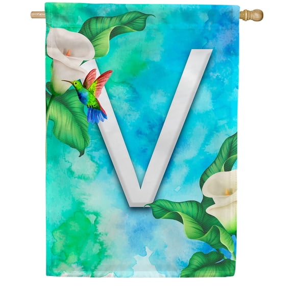 America Forever Summer Flowers Birds Monogram House Flag Letter V 28 x 40 inches Hummingbird Calla Lily Spring Floral Double Sided Vertical Outdoor Yard Lawn Decorative White Floral House Flag