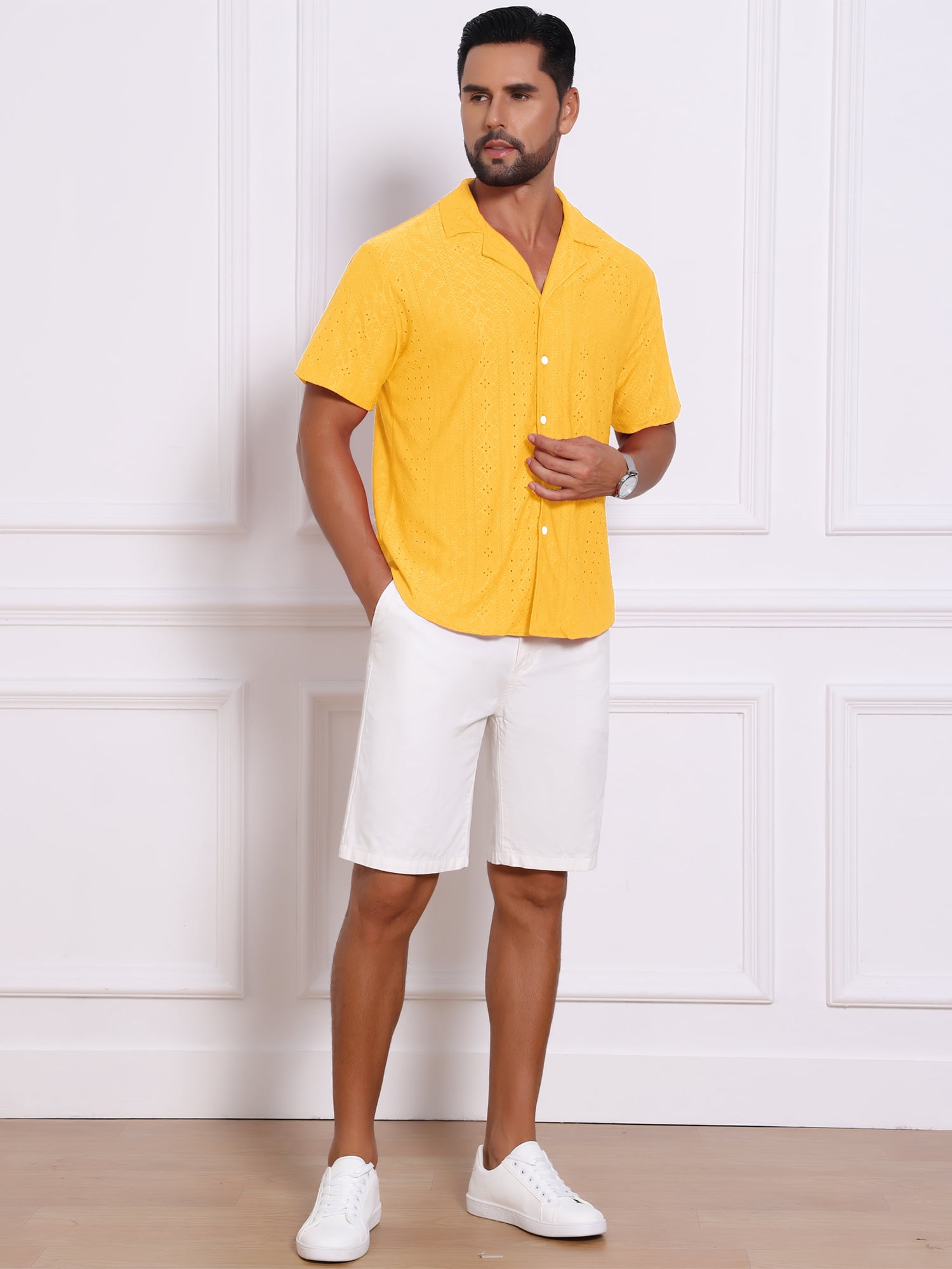 DARING DIVA Men's Hollow Texture Knit Short Sleeve Camp Collar Shirt 2XL Yellow