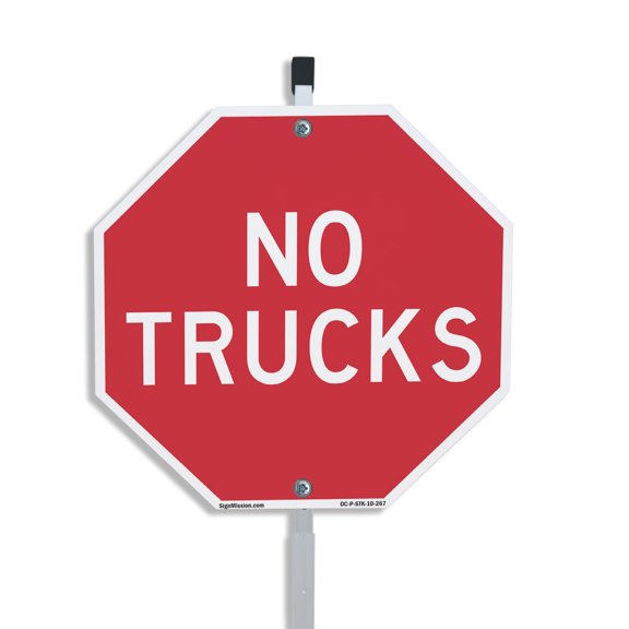 No Trucks 10 inch X 10 inch Octagon Rust Free Aluminum Metal Signs with Aluminum Mounting Stake Weather Resistant UV Protected for Workplace Private Property and Construction Site Made