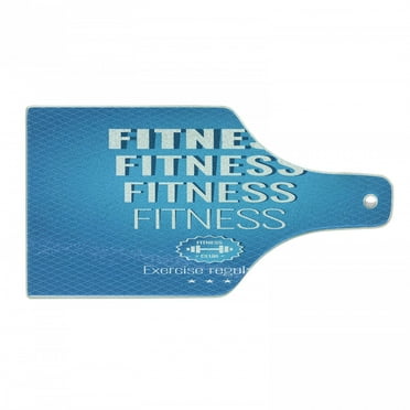 Fitness Cutting Board, Motivation Regular Exercise Theme Fitness Words Checkered Backdrop Typography, Tempered Glass Cutting and Serving Board, Wine Bottle Shape, Pale Blue White, by Ambesonne
