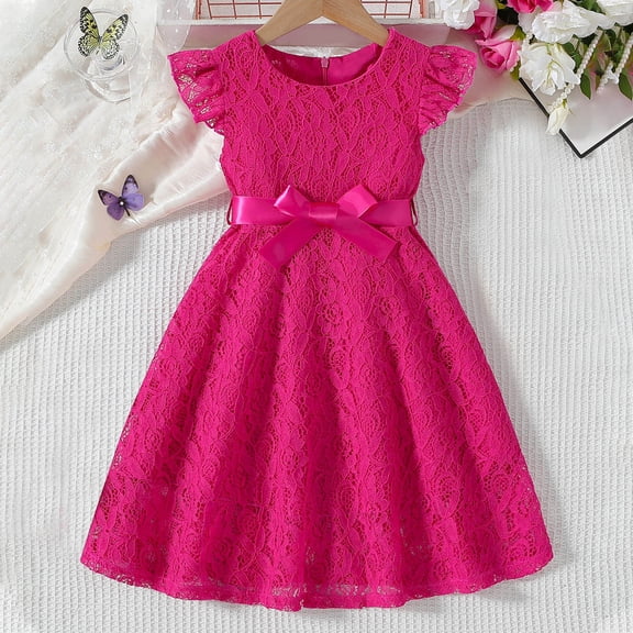 BRGZLK Flower Girl Dress Toddler Girls Fashion Cute Lace Embroidery Formal Dresses Ruffle Sleeve Wedding Birthday Party Princess Dress Hot Pink 3 Years