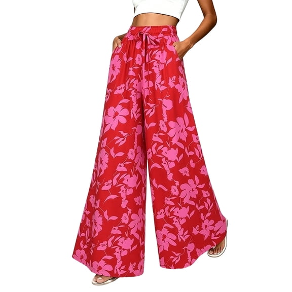 Dolkfu Flowy Pants for Women Trendy Red Full Wide-Leg High-Waist Joggers Pants Elastic Waist Flowers Printed Vacation Pants Red,L